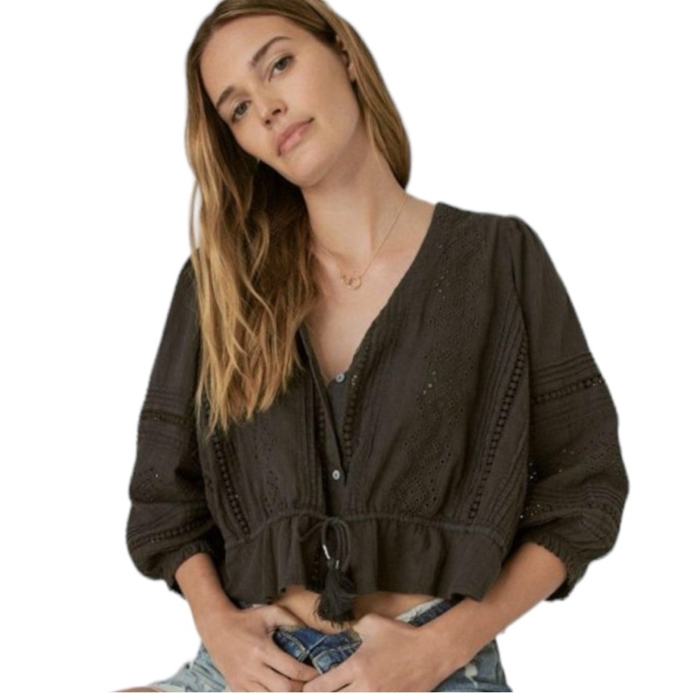 Lucky Brand Charcoal Eyelet Button Down Top